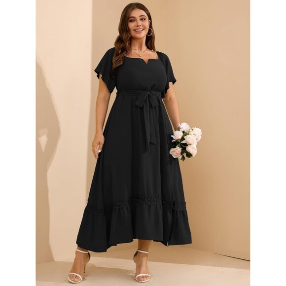 Women's Plus Size Maxi Dress Off Shoulder V Neck Wedding Guest Formal Dress - Picture 4 of 7